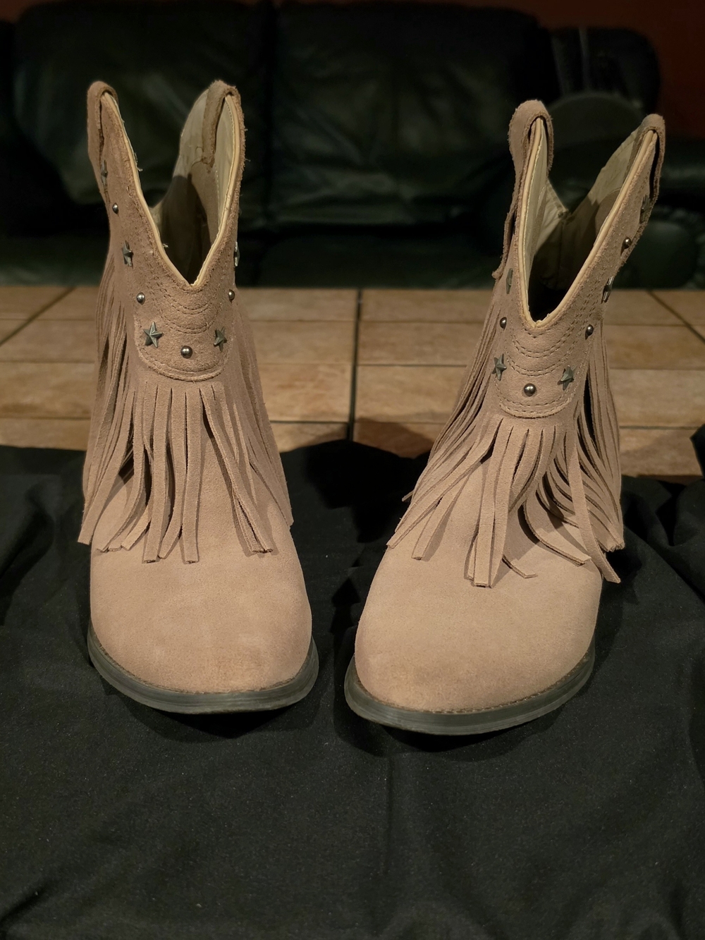 Very Volatile Taupe Suede Fringe Ankle Boots with Star Studs